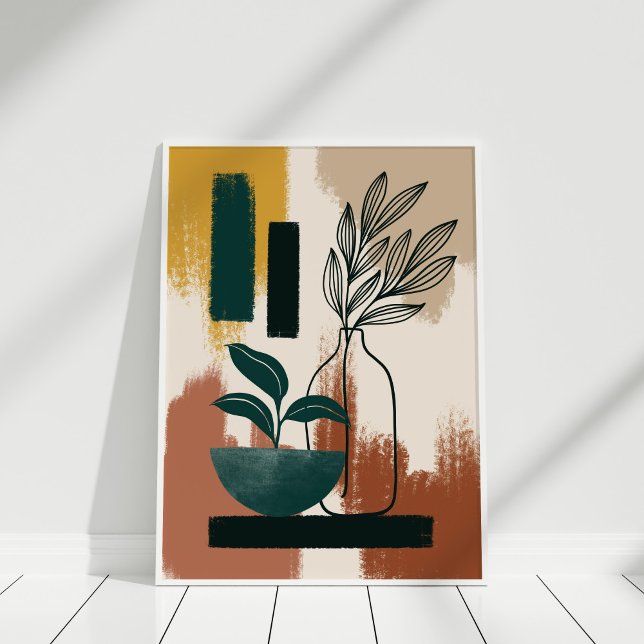 Terracotta Burnt Orange Abstrakt Botanisch Poster (Terracotta Burnt Orange Abstract Botanical Poster in white frame.)