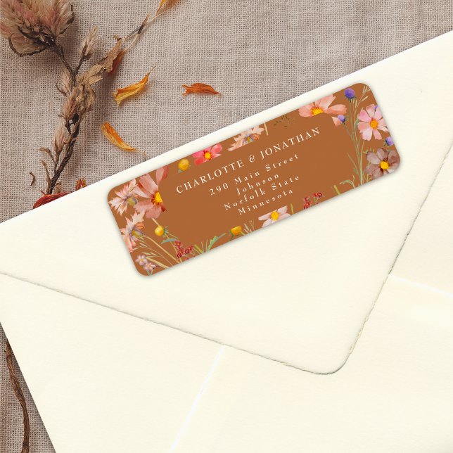 Terracotta Burnt Orange Boho Fall Floral Wedge (Terracotta burnt orange elegant boho floral fall wedding return address label watercolor wildflowers)