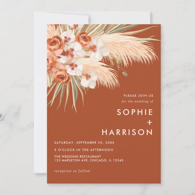 Terracotta Burnt Orange Boho Pampas Grass Wedding Einladung (Vorderseite)