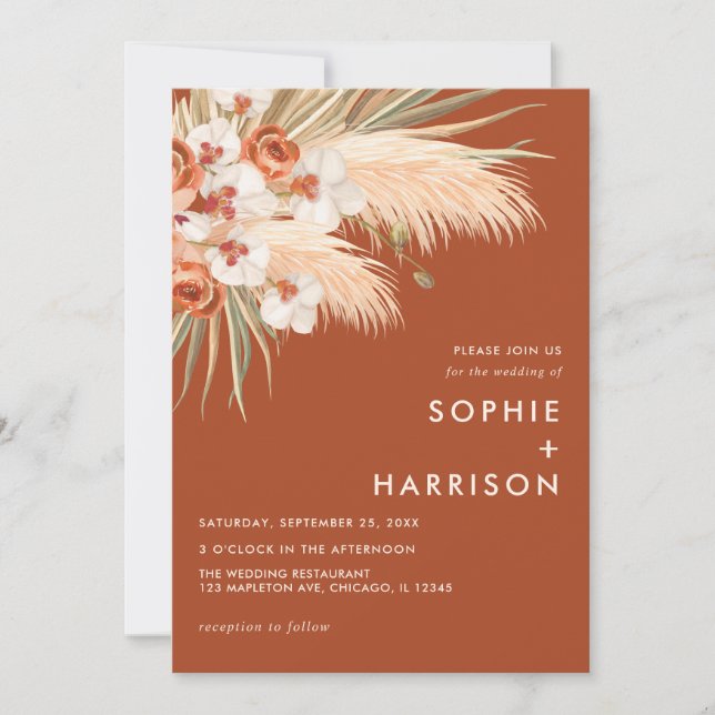 Terracotta Burnt Orange Boho Pampas Grass Wedding Einladung (Vorderseite)
