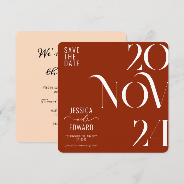 Terracotta Burnt Orange Boho Rustikale Einfache Mo Save The Date (Vorne/Hinten)