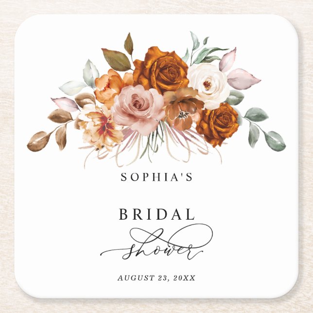 Terracotta Burnt Orange Floral Bridal Shower Rechteckiger Pappuntersetzer (Vorderseite)