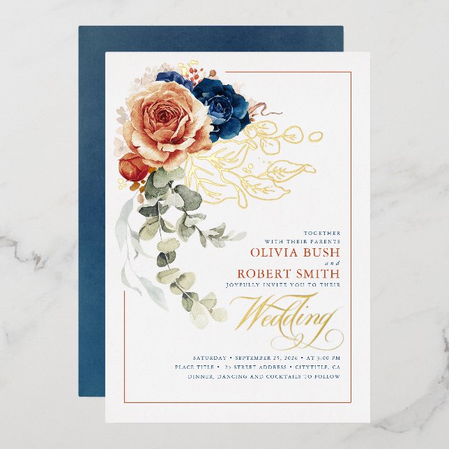 Terracotta Burnt Orange Floral Navy Blue Wedding Folieneinladung (Vorderseite/Rückseite)