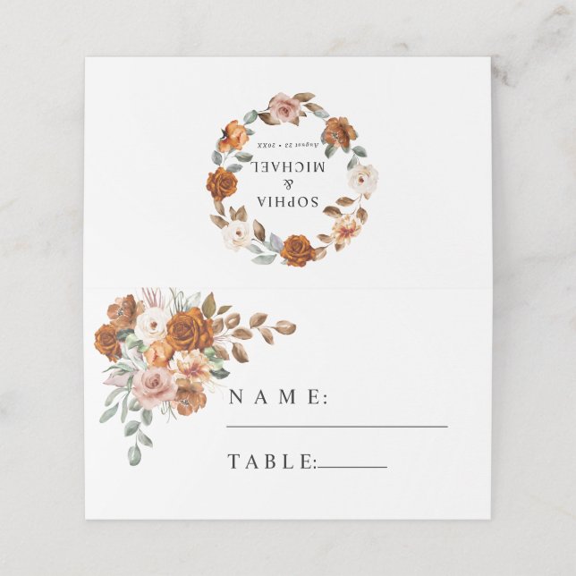 Terracotta Burnt Orange Floral Wedding Platzkarte (Außenseite Aufgefaltet)