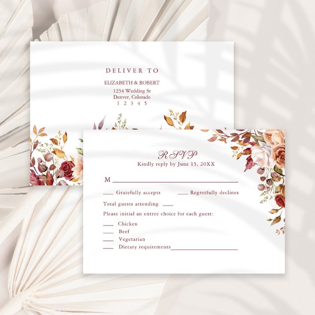 Terracotta Burnt Orange Floral Wedding RSVP Card Dankeskarte (Terracotta Burnt Orange Floral Wedding RSVP Card on a sunny white boho table.)