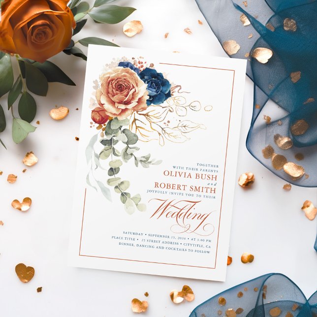 Terracotta Burnt Orange Navy Blumenhochzeit Einladung (Terracotta and Navy Blue Boho Wedding Invitations)