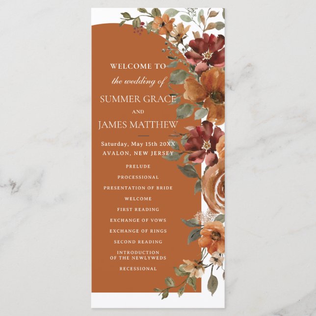 Terracotta Burnt Orange Rust Arch Hochzeit Programm (Vorderseite)