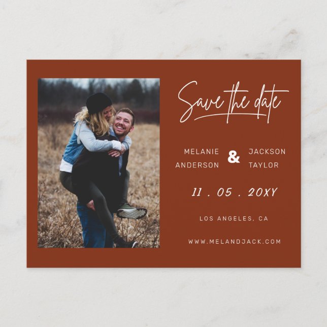 Terracotta Burnt Orange Simple Foto Save the Date Ankündigungspostkarte (Vorderseite)
