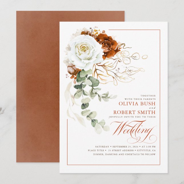 Terracotta Burnt Orange & White Floral Wedding Einladung (Vorne/Hinten)