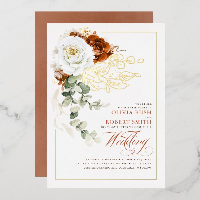 Terracotta Burnt Orange & White Floral Wedding Folieneinladung (Vorderseite/Rückseite)