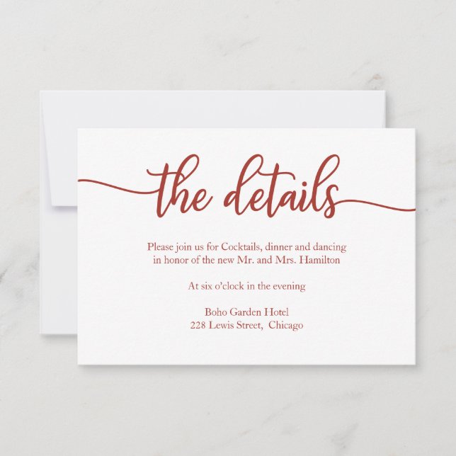Terracotta Calligraphy Wedding Details RSVP Karte (Vorderseite)