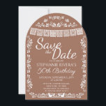 Terracotta Cielito Lindo Save the Date Birthday Einladung<br><div class="desc">Give your guests a heads up in style with this elegant Mexican-inspired Save the Date card! Featuring beautiful "Save the Date" script, a white papel picado banner, intricate folk art floral border, and two lovebirds at the bottom on a warm terracotta brown background. Perfect for milestone birthday celebrations, fiesta parties,...</div>