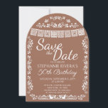 Terracotta Cielito Lindo Save the Date Birthday Einladung<br><div class="desc">Give your guests a heads up in style with this elegant Mexican-inspired Save the Date card! Featuring beautiful "Save the Date" script, a white papel picado banner, intricate folk art floral border, and two lovebirds at the bottom on a warm terracotta brown background. Perfect for milestone birthday celebrations, fiesta parties,...</div>