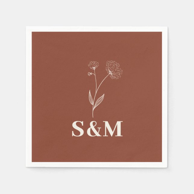 Terracotta Cotton Blume Monogram Wedding Serviette (Vorderseite)