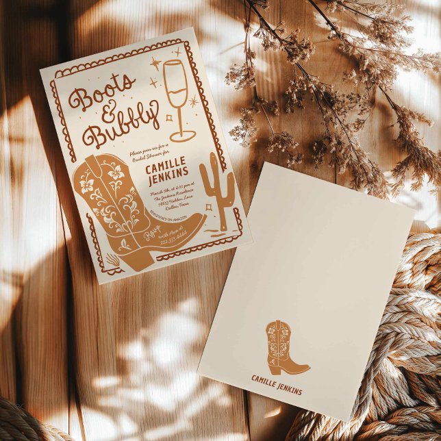 Terracotta Country Brautparty Brunch Einladung (Western Boots and Bubbly Bridal Shower Invite)