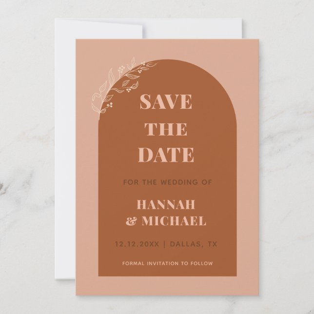 Terracotta & Cream Boho Arch Minimalistisch Botani Save The Date (Vorderseite)