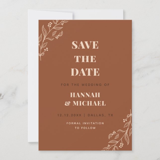 Terracotta Creme Gezeichnet Botanischer Fall Leaf Save The Date (Vorderseite)