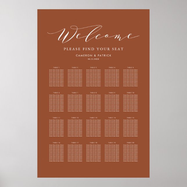 Terracotta Dainty Script Hochzeitsdiagramm Poster (Vorne)