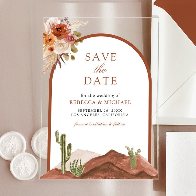 Terracotta Desert Cactus Wedding Save the Date Acryleinladungen (Von Creator hochgeladen)