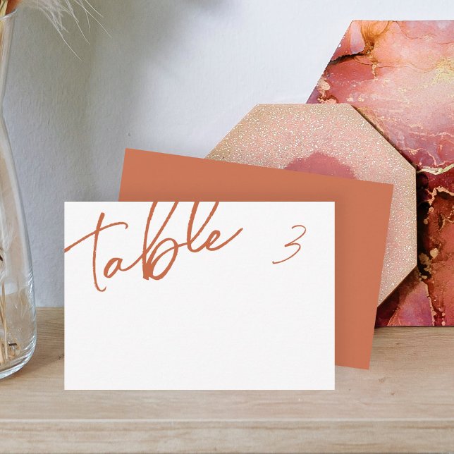 Terracotta Dîner Plat Nom Carte Place (elegant script calligraphy terracotta burnt orange wedding table place name card with table number)