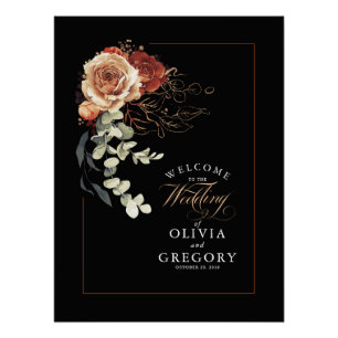 Terracotta Earthy Floral Black Wedding Willkommen Poster