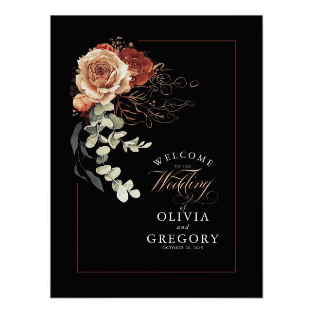 Terracotta Earthy Floral Black Wedding Willkommen Poster (Vorderseite)