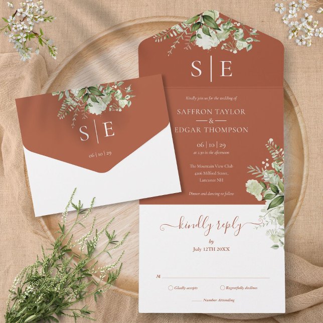 Terracotta Elegant Monogram Greenerity Wedding All In One Einladung (Terracotta Elegant Monogram Greenery Wedding All In One Invitation)