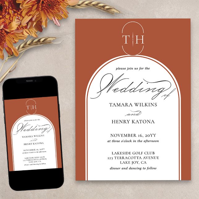 Terracotta Elegante Kalligrafie Mit Monogramm Hoch Einladung (Elegant terracotta monogrammed wedding invitation from my Wedding Colors collection)