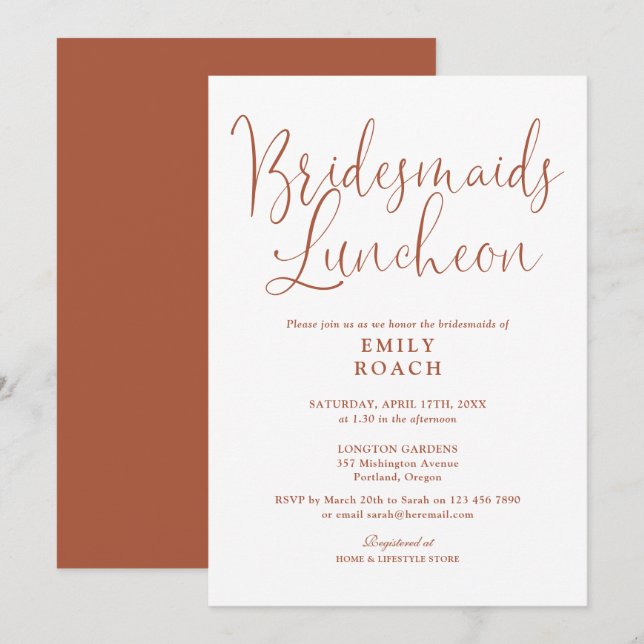 Terracotta Elegante Script Bridesmaids Luncheon Einladung (Vorne/Hinten)