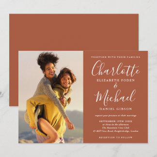 Terracotta Elegante Signature Script Foto Hochzeit Einladung