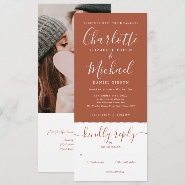 Terracotta Elegantes Script in einem Foto Hochzeit Einladung (Vorne/Hinten)