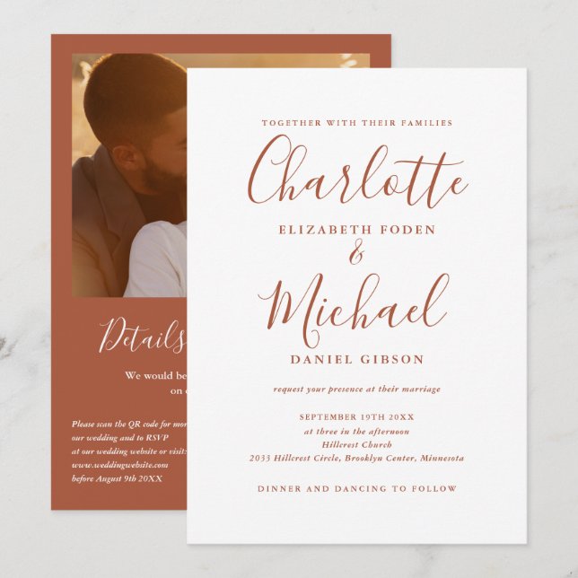 Terracotta Elegantes Script QR Code Foto Hochzeit Einladung (Vorne/Hinten)
