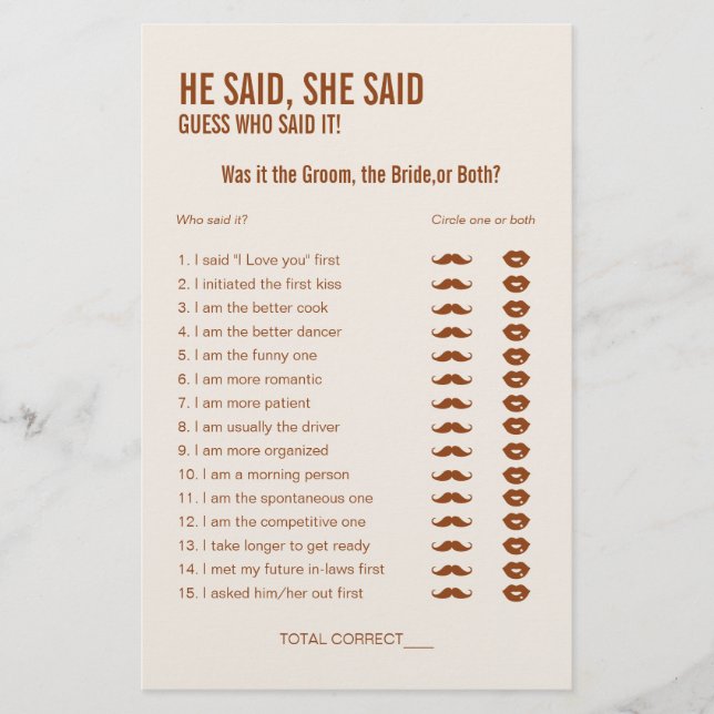 Terracotta Er sagte, sie sagte, Brautparty Game (Vorderseite)