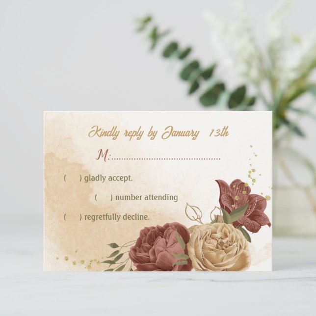 Terracotta Erden Ton Blumengrün Hochzeit RSVP Karte (Stehend Vorderseite)