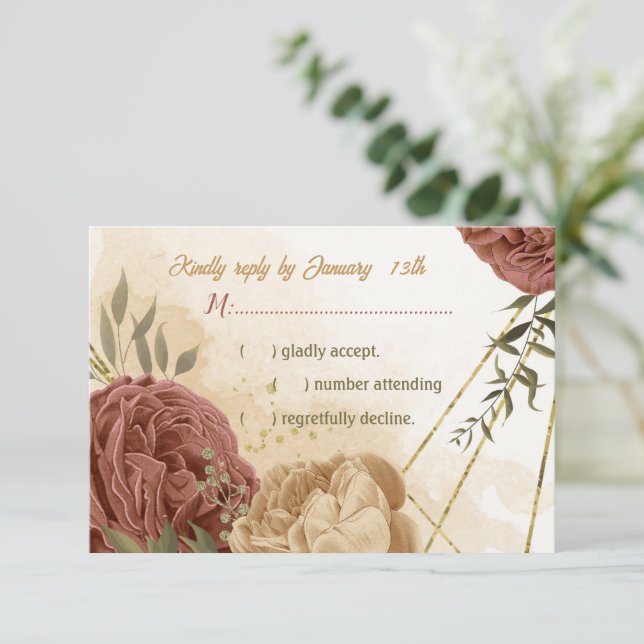 Terracotta Erden Ton Blumengrün Hochzeit RSVP Karte (Stehend Vorderseite)