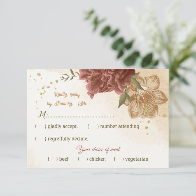 Terracotta Erden Ton Blumengrün Hochzeit RSVP Karte (Stehend Vorderseite)