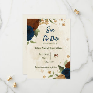 Terracotta-Erdtonnavy Blumengrün Hochzeit Save The Date