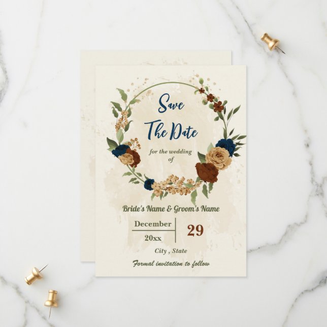 Terracotta-Erdtonnavy Blumengrün Hochzeit Save The Date (Vorderseite/Rückseite Beispiel)