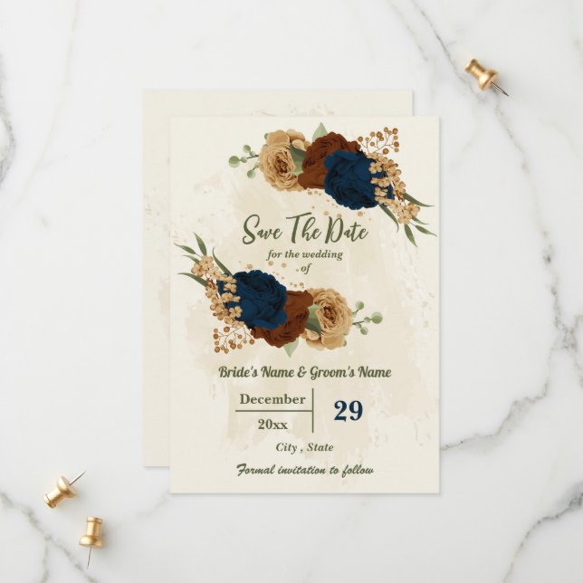 Terracotta-Erdtonnavy Blumengrün Hochzeit Save The Date (Vorderseite/Rückseite Beispiel)