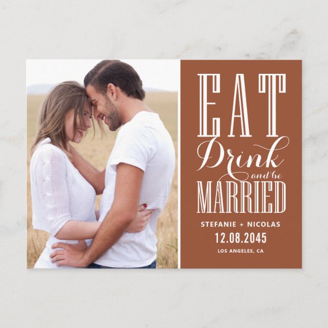 Terracotta essen Drink und Save the Date Verheirat Postkarte (Vorderseite)
