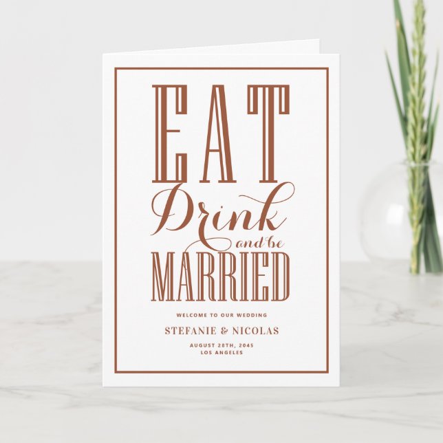 Terracotta essen, trinken und Verheiratet Hochzeit Programm (Vorderseite)