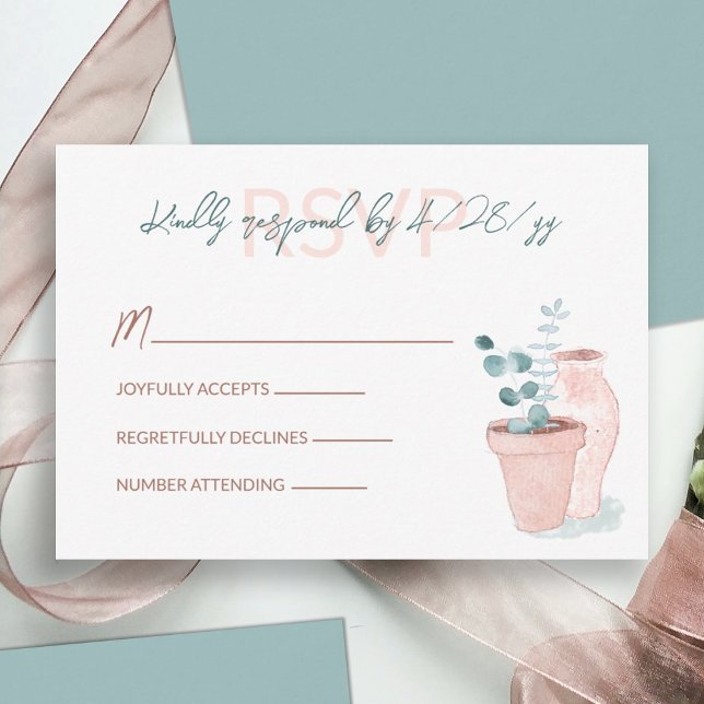Terracotta, Eucalyptus Carte de mariage vert RSVP (light terracotta clay pot light green eucalyptus leaves wedding rsvp response reply enclosure card)