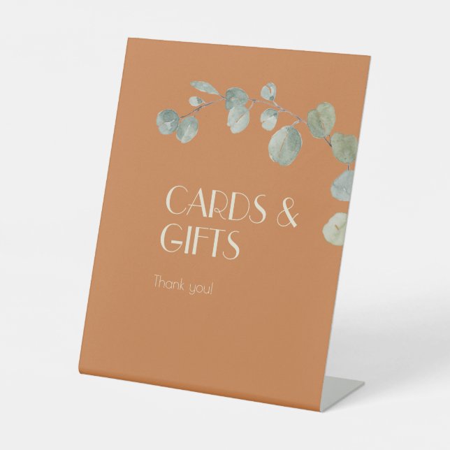 Terracotta Eucalyptus Deko Hochzeitskarten und Ges Sockelschild (Vorderseite)
