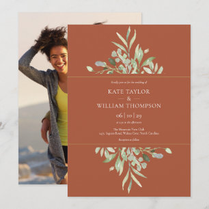 Terracotta Eukalyptus Greenery Foto Wedding Einladung