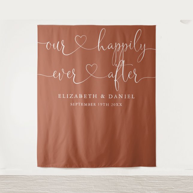 Terracotta Ever After Heart Script Wedding Wandteppich (Vorderseite)