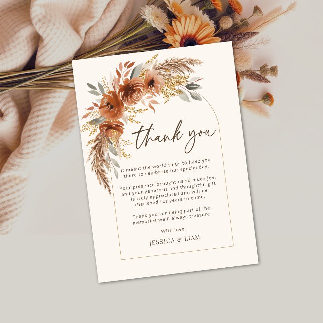 Terracotta Fall Boho Blumenhochzeit Danke Karte (Terracotta Fall Boho Floral Wedding Thank you Card)