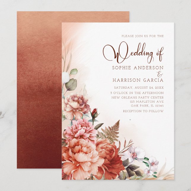 Terracotta Fall Floral Burnt Orange Boho Wedding Einladung (Vorne/Hinten)