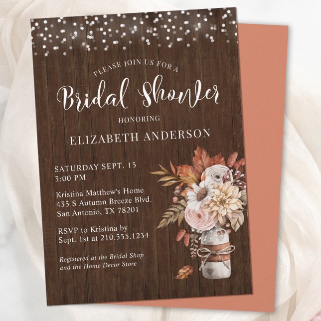 Terracotta Fall Floral Masar Brautparty Einladung (An elegant and rustic Autumn bridal shower invitation, featuring a mason jar filled with flowers.)