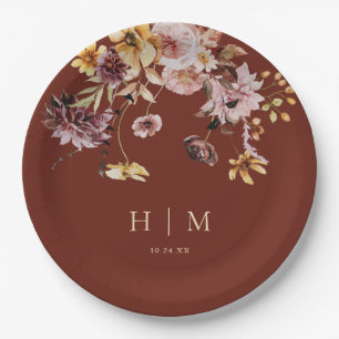 Terracotta Fall Floral Monogram Wedding Pappteller