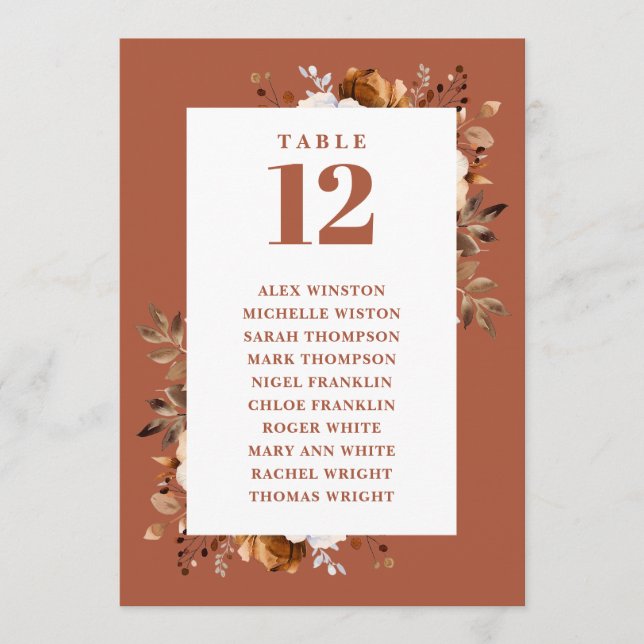 Terracotta Fall Floral Tischnummer Seekarte (Vorderseite)